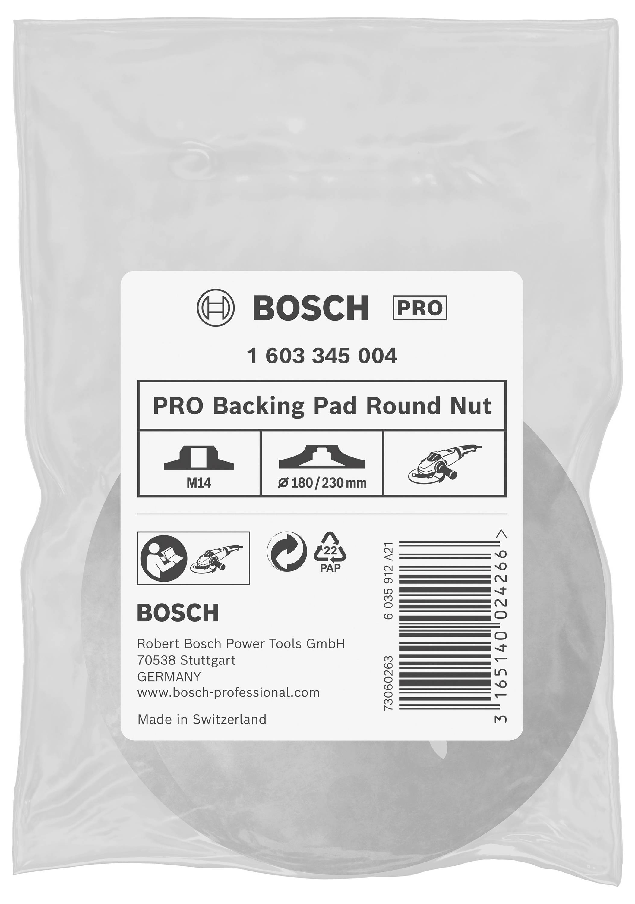 'Bosch PRO Backing Pad Round Nut M14, Ø 180/230 mm'. Verpackt in einer durchsichtigen Plastiktüte mit Herstellerinformationen.