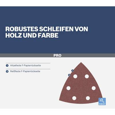 'Robustes Schleifen von Holz und Farbe.' Grafik mit Schleifpapier. Zwei Punkte: 'Hitzefeste F-Papierrückseite' und 'Reißfeste F-Papierrückseite'.