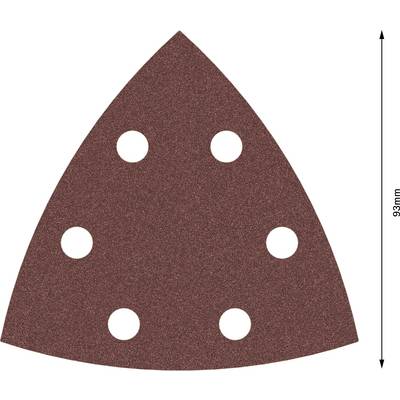 Dreieckiges Schleifpapier mit sechs runden Löchern, braune Farbe, 93 mm hoch.