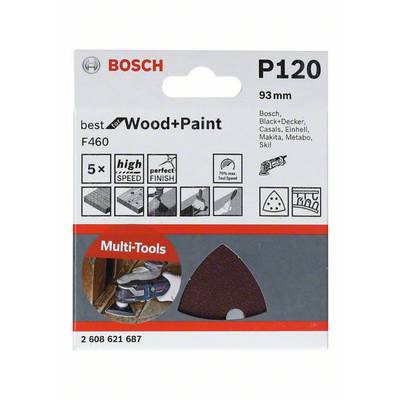 Bosch Schleifpapier für Multi-Tools, 93 mm, P120, geeignet für Holz und Farbe. Enthält 5 Stück, mit hoher Geschwindigkeit und perfektem Finish.