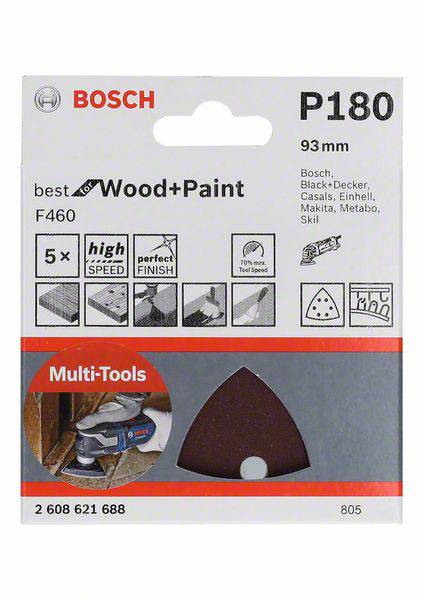 Schleifpapier-Blatt von Bosch, P180 Körnung. 5er-Pack. Geeignet für Holz- und Lackarbeiten. Passend für mehrere Marken von Multitools.