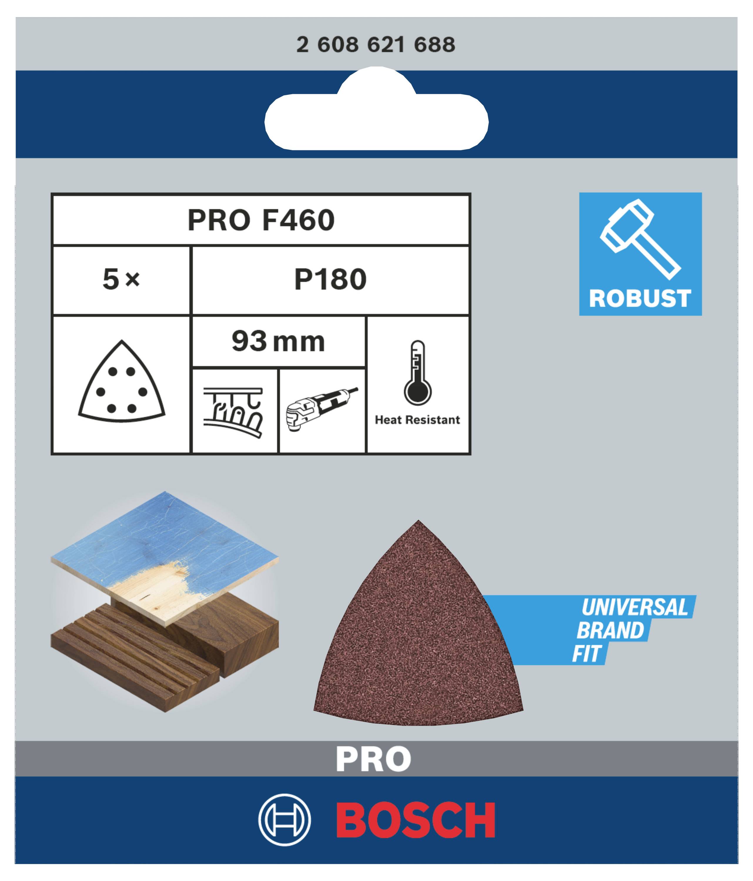 Verpackung für Bosch Schleifpapier Pro F460. Enthält 5 dreieckige Blätter, Körnung P180, 93 mm, hitzebeständig, für Holz geeignet.