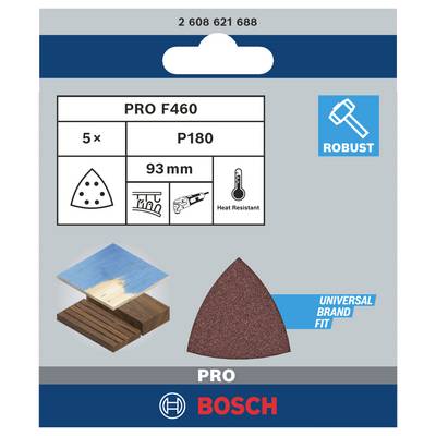 Verpackung für Bosch Schleifpapier Pro F460. Enthält 5 dreieckige Blätter, Körnung P180, 93 mm, hitzebeständig, für Holz geeignet.