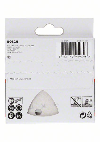 'Verpackung für Bosch-Werkzeugeinsatz. Oben: Herstelleradresse. Unten: Lesezeichenförmiger Einsatz, Piktogramme und Barcode sichtbar.'