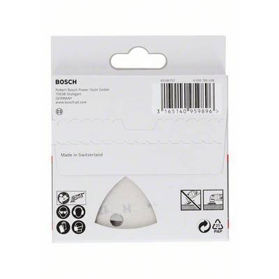 'Verpackung für Bosch-Werkzeugeinsatz. Oben: Herstelleradresse. Unten: Lesezeichenförmiger Einsatz, Piktogramme und Barcode sichtbar.'