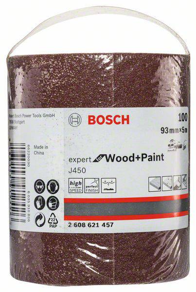 Eine Rolle Schleifpapier von Bosch, Typ 'expert for Wood+Paint', Korngröße 100, Maße: 93mm x 5m. Verpackung zeigt Symbole für Anwendung.