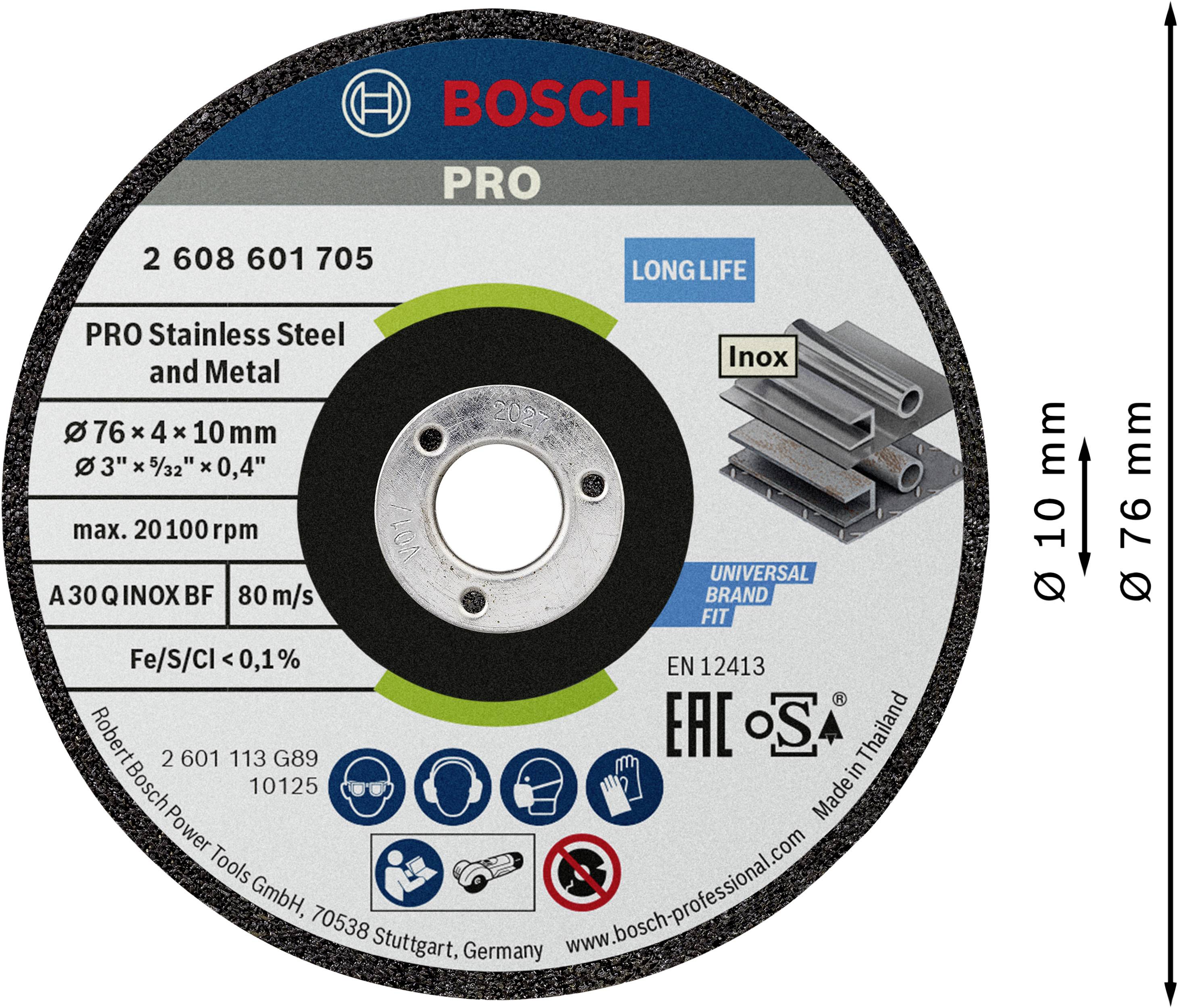Schleifscheibe aus Edelstahl, Durchmesser 76 mm, Dicke 10 mm, Aufschrift 'PRO Stainless Steel and Metal', Marke Bosch.