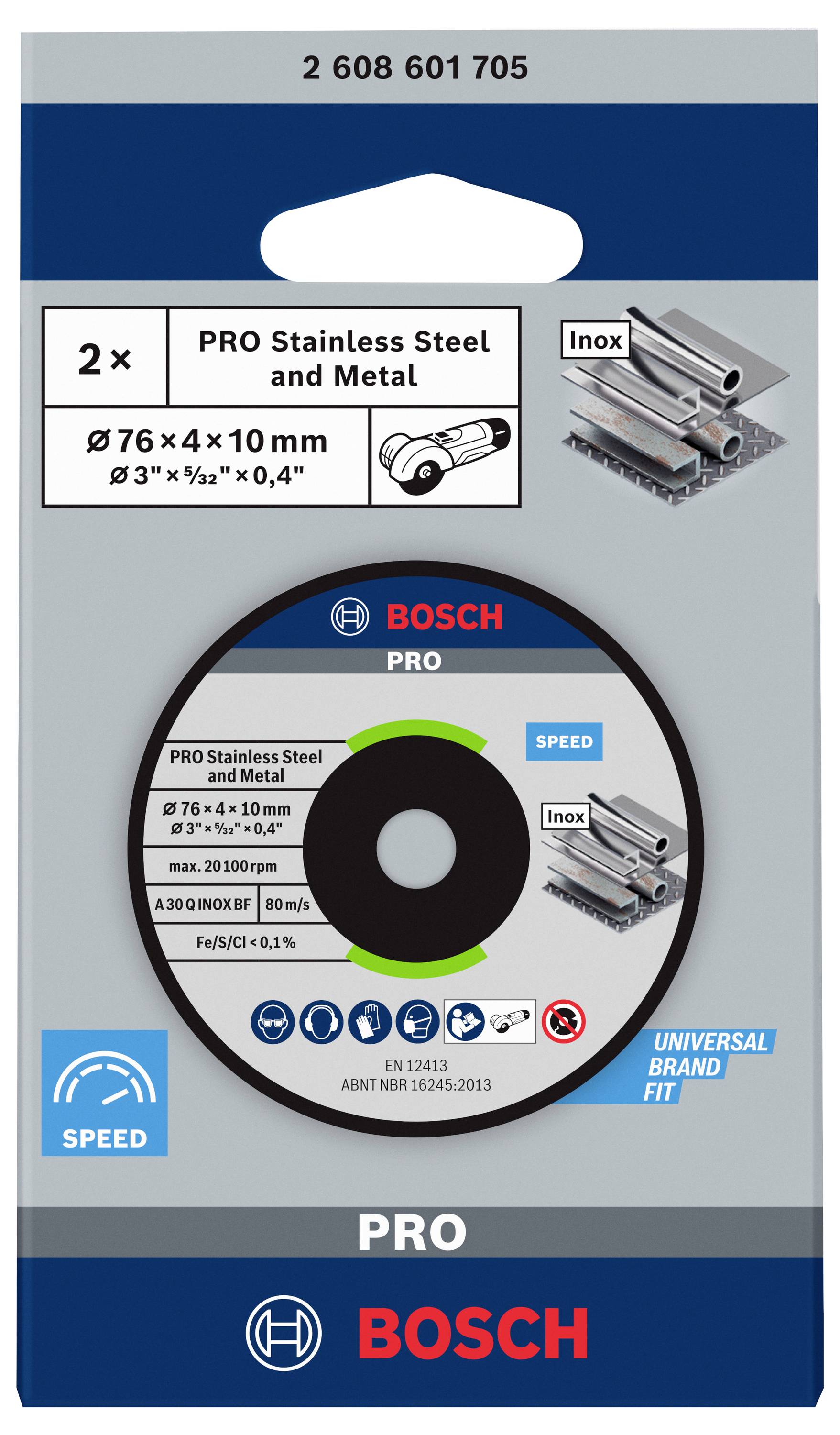 'Bosch Trennscheibe für Edelstahl und Metall, 76 mm Durchmesser, 4 mm Dicke. Verpackung zeigt Scheibenabbildung und Details.'