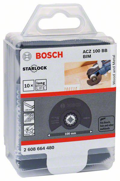 Verpackung eines Bosch Starlock Werkzeugsägeblatts, Modell ACZ 100 BB BIM, geeignet für Holz und Metall, Durchmesser 100 mm.