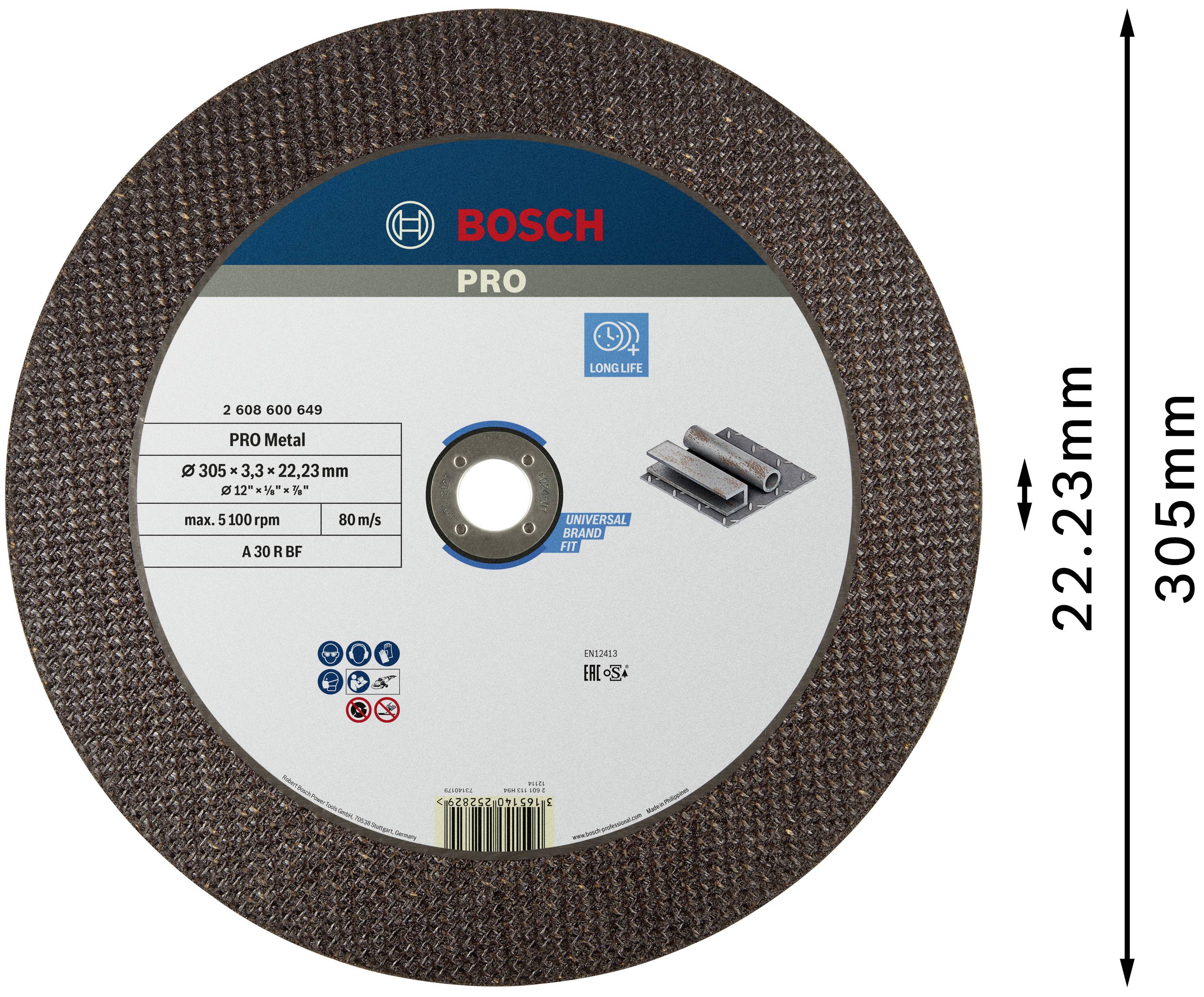 Schleifscheibe von Bosch, Durchmesser 305 mm, Dicke 3,3 mm, Bohrung 22,23 mm. Geeignet für Metall, robuste und langlebige Ausführung.