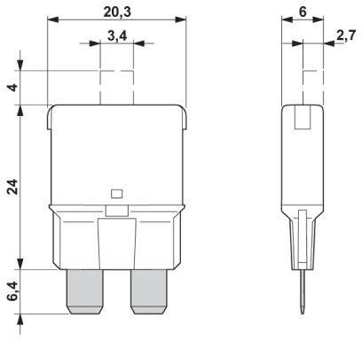 Technische Zeichnung einer Flachsicherung mit Abmessungen: Breite 20,3 mm, Höhe 24 mm, Dicke 6,4 mm. Draufsicht und Seitenansicht.
