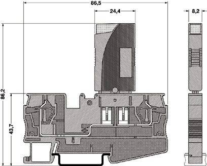 Technische Zeichnung eines Querschnitts eines Profilrahmens mit Maßen in Millimetern: Breite 86,5 mm, Höhe 66,2 mm, und weiteres Detailmaß 43,7 mm.