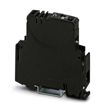 Ein schwarzer elektrischer Schaltkasten zum Montieren auf einer Schiene. Er hat mehrere Anschlüsse und zeigt keinerlei Markierungen.