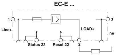 'EC-E' Stromlaufplan mit Taster und Schaltzeichen. Spannung von 'Line+' zu 'LOAD+' mit 'Status 23' und 'Reset 22'.