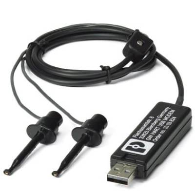 Ein USB-Oszilloskop mit zwei schwarzen Messsonden und Kabeln, zum Aufzeichnen elektrischer Signale.