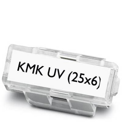 Ein transparenter Kunststoffbehälter mit einem weißen Etikett, auf dem 'KMK UV (25x6)' steht.
