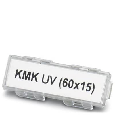 Ein rechteckiges Etikett mit der Aufschrift 'KMK UV (60x15)' in schwarzer Schrift auf weißem Hintergrund, befestigt in einem transparenten Halter.