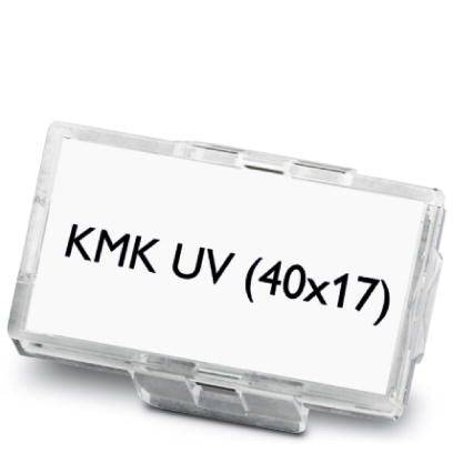 Ein rechteckiger Stempel mit weißem Hintergrund und schwarzer Schrift zeigt die Aufschrift 'KMK UV (40x17)'.