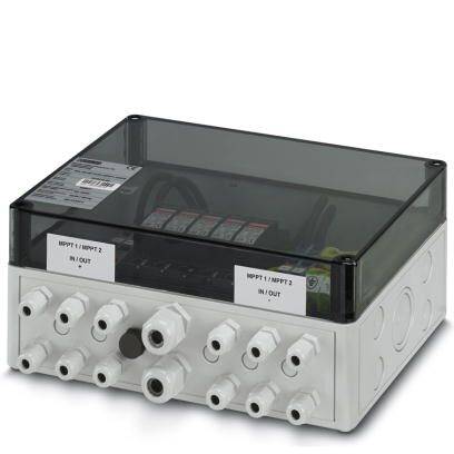 Elektrischer Anschlusskasten mit durchsichtigem Deckel und mehreren Kabelverschraubungen an der Vorderseite.