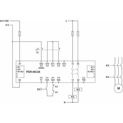 Schaltplan eines Steuerungssystems: PSR-MC38-Modul mit 24V DC Eingang, Taster S1 und S2, Relais K3 und K4, Verbindung zu Motor M.