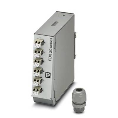 Ein graues, rechteckiges elektrisches Gerät der 'FDX 20 Series' mit mehreren Anschlüssen und einer kleinen, grauen Kabelverschraubung daneben.