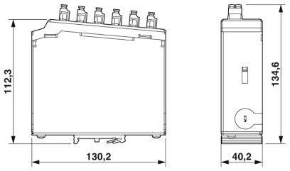 Technische Zeichnung eines rechteckigen, blockartigen Objekts mit Maßen: 112,3 x 130,2 und 134,6 x 40,2 mm. Oben sind sechs Anschlüsse.