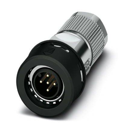 Ein industrieller Stecker mit mehreren Metallstiften und einem geriffelten Gehäuse zur sicheren Verbindung in technischen Anwendungen.