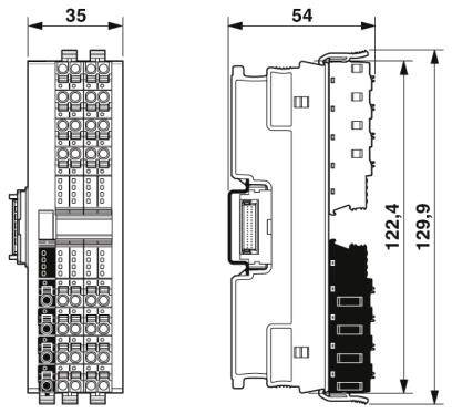 Technische Zeichnung eines elektronischen Moduls mit Abmessungen: Breite 35 mm, Höhe 129,9 mm, Tiefe 54 mm. Zeigt Anschlüsse und Befestigungspunkte.