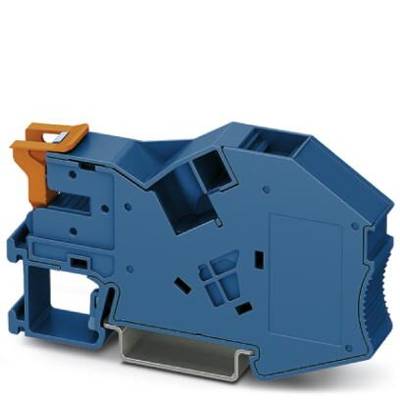 Ein blauer elektrischer Klemmblock mit orangenen Details, zur Verbindung von Kabeln in elektrischen Schaltschränken.