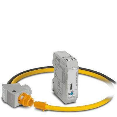 Ein elektronisches Relais verbunden mit einem gelb-schwarzen Kabel. Das Relais hat diverse Anschlüsse und eine graue Schalteroberfläche.