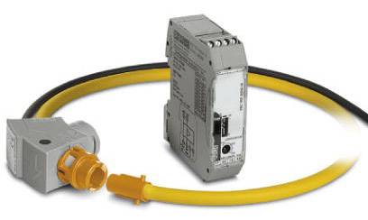 Elektronisches Gerät mit gelbem Kabel und Steckverbindung, zeigt ein elektronisches Verbindungssystem für industrielle Anwendungen.