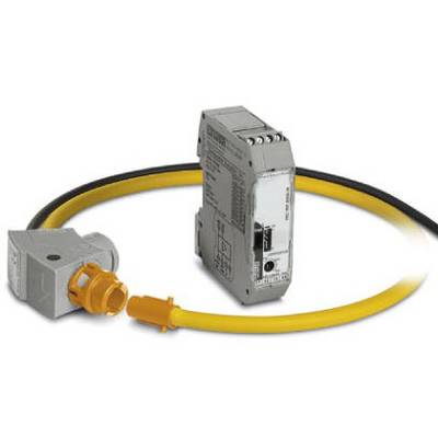 Elektronisches Gerät mit gelbem Kabel und Steckverbindung, zeigt ein elektronisches Verbindungssystem für industrielle Anwendungen.