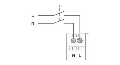 Diagramm von elektrischen Anschlüssen, zeigt die Verkabelung von L (Phase) und N (Neutralleiter) mit Schraubverbindungen.