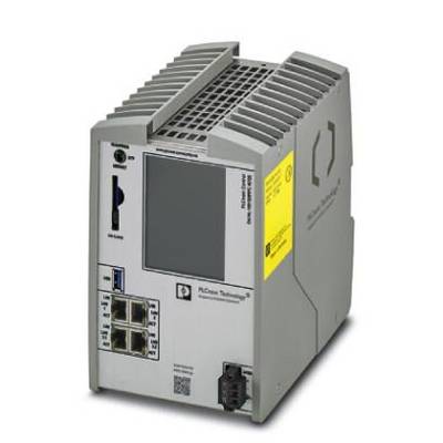 Grau-gelbes elektronisches Steuergerät mit Lüftungsschlitzen und mehreren Anschlüssen auf der Vorderseite, darunter Ethernet-Ports.