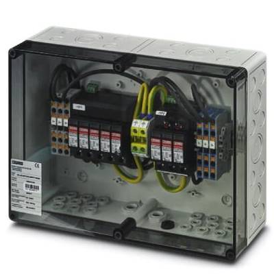 Elektrischer Verteilerkasten mit mehreren gekennzeichneten Schaltern und Kabeln, montiert in einem transparenten Gehäuse.