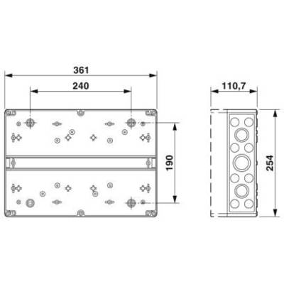 Technische Zeichnung eines rechteckigen Gehäuses mit Maßen: Breite 361 mm, Höhe 190 mm, Tiefe 254 mm. Zeigt Bohrlöcher und Befestigungspunkte.