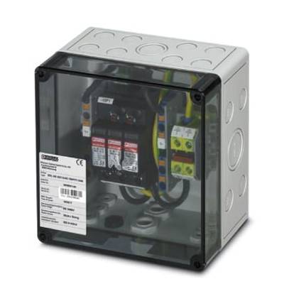 Schaltkasten mit transparentem Deckel zeigt elektrische Komponenten und Verkabelung. Etikett auf der Vorderseite gibt technische Spezifikationen an.