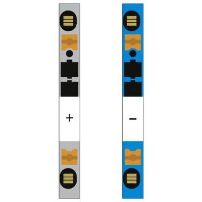 Zwei Teststreifen mit unterschiedlichen Farben und Markierungen. Links: grau, '+' Zeichen. Rechts: blau, '-' Zeichen.