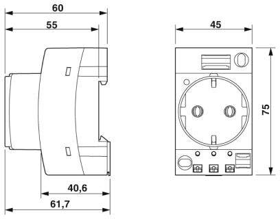 Technische Zeichnung einer Steckdose mit Abmessungen: 61,7 mm Tiefe, 60 mm Breite, 75 mm Höhe. Zeigt Front- und Seitenansicht.