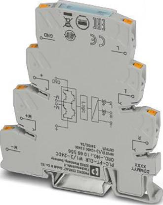 'Schmales, graues elektrisches Relais mit orangefarbenen Entriegelungen und technischen Aufdrucken, inklusive Anschlussschema.'