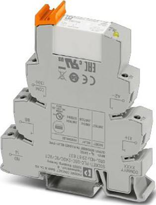 Grauer elektronischer Baustein mit orangener Oberseite, zeigt elektrische Spezifikationen und Zertifizierungen.