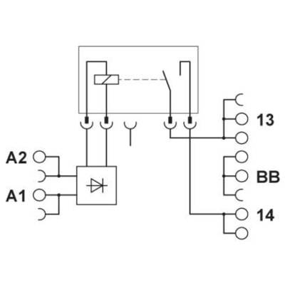 Schaltplan eines Schützes mit Spulenkontakten A1 und A2, Schematischer Diode und Schaltkontakte 13, 14, BB.