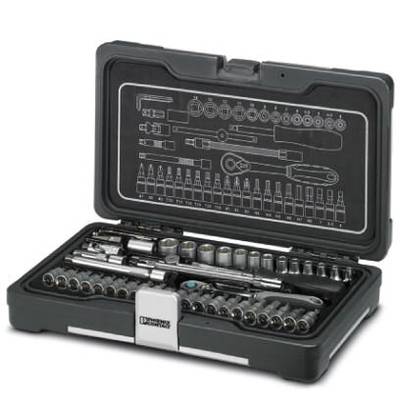 Schwarzer Werkzeugkoffer mit verschiedenen Steckschlüsselaufsätzen und Bits. Geöffnet, um Innenfächer und Werkzeuge zu zeigen.