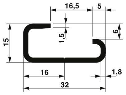 Technische Zeichnung eines Profils mit Maßen: Breite 32 mm, Höhe 15 mm; vertikale und horizontale Abstände detailliert angegeben.