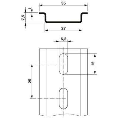 Technische Zeichnung eines Metallprofils: Querschnitt zeigt Maße von 35x7,5mm, Längsansicht mit Detailslängen von 27mm und 25mm.