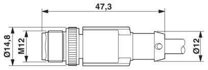 Technische Zeichnung eines zylindrischen Steckers mit den Abmessungen 47,3 mm Länge, M12 Gewinde, Ø14,8 mm und Ø12 mm.