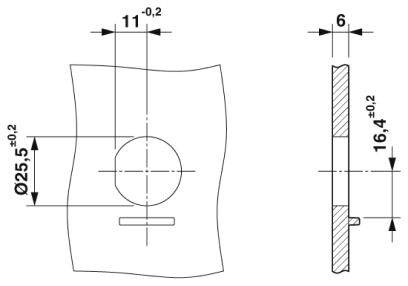 Technische Zeichnung eines Bauteils mit Maßen: Durchmesser 25,5 ±0,2 mm, Breite 11 ±0,2 mm, Höhe 6 mm, Materialstärke 16,4 ±0,2 mm.