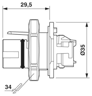 Technische Zeichnung eines zylindrischen Bauteils mit Maßen: Länge 29,5 mm, Durchmesser 35 mm, Schraube 34 mm. Links Detailansicht.