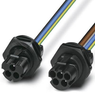 Zwei schwarze elektrische Steckverbinder mit farbigen Kabeln (gelb-grün, blau, braun). Hauptbestandteile eines Kabelsystems.