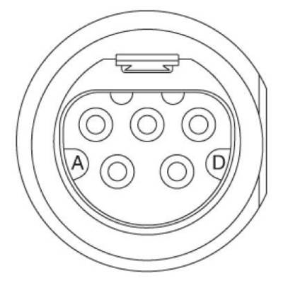 Schema einer elektrischen Ladebuchse mit sieben runden Kontakten, beschriftet mit 'A' und 'D'. Geeignet für Elektrofahrzeuge.